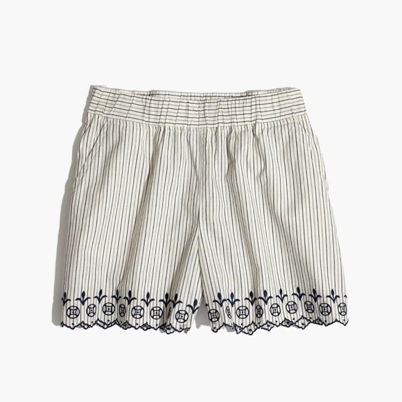 Madewell High Waist Striped Shorts with Navy Blue Embroidery Size Xl 100% Cotton - Picture 3 of 9